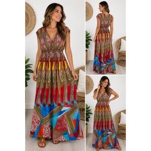 Charming Charlie S Colorful Boho Paisley Maxi Dress V Neck Flowy Statement